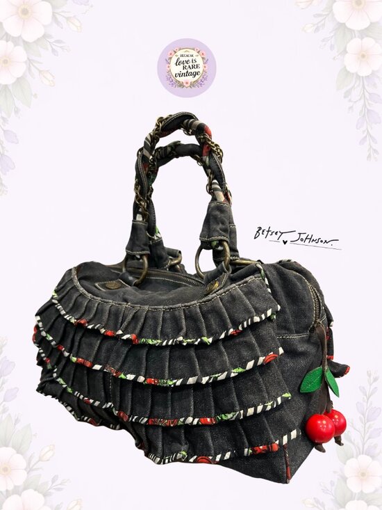 Betsey Johnson Handbags - Y2K Betseyville Denim Ruffle Satchel • Betsey Johnson Cherry Charm Handbag